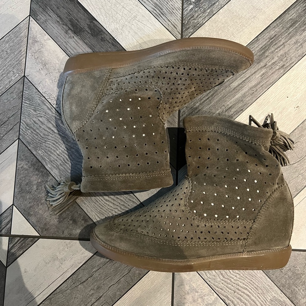 Isabel Marant Suede Fringe Trim Accent High Top Wedge Sneakers olive - Picture 2 of 8